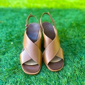 Tory Burch Leather Royal Gabrielle Wedge Sandals, size 5.